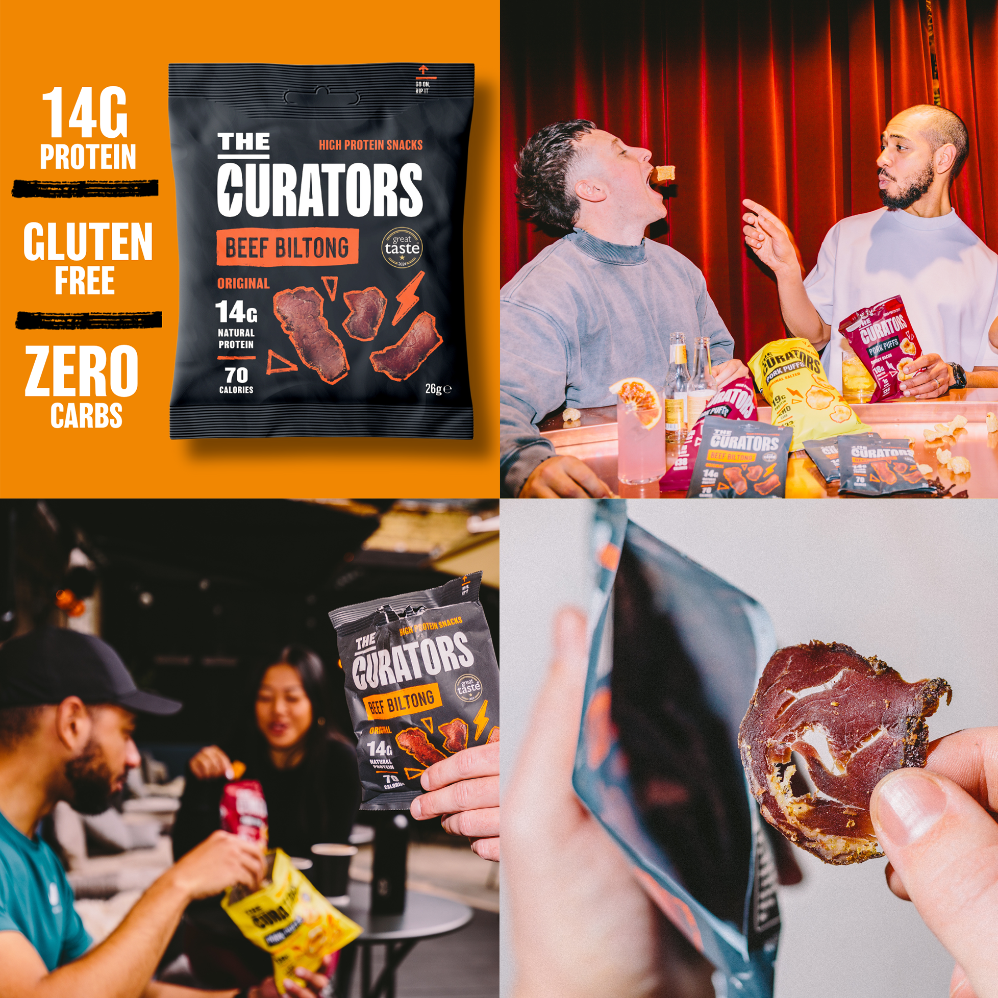 Close-up of The Curators Biltong – air-dried British beef snack packed with protein and bold flavour  Why it works:  Highlights the product name and its defining features (air-dried, British beef, protein)  Optimised for SEO with “biltong” and “protein snack”